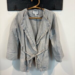 Anthropologie Marrakech Gray Textured Frayed Trim Belted Open Front Jacket Small